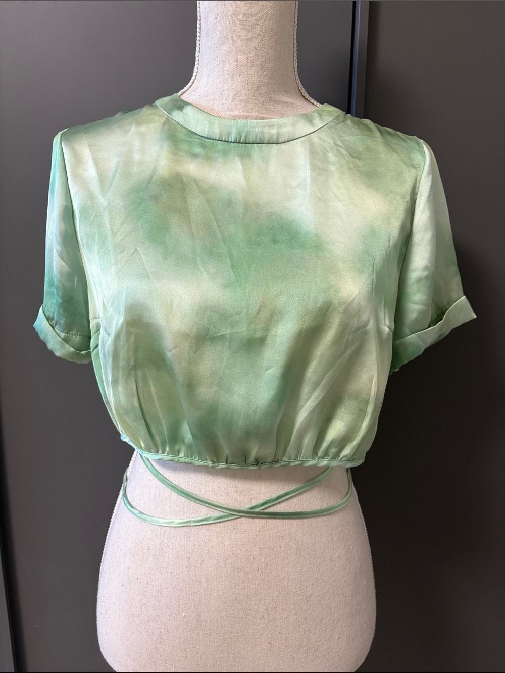 Topshop Light Green Tie-Dye Satin Crop Top with Wrap Detail